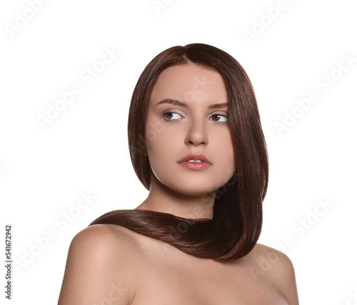 Portrait of beautiful young woman with healthy strong hair on white background