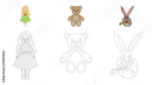 Children's coloring book, girl doll, teddy bear and cheerful hare for drawing