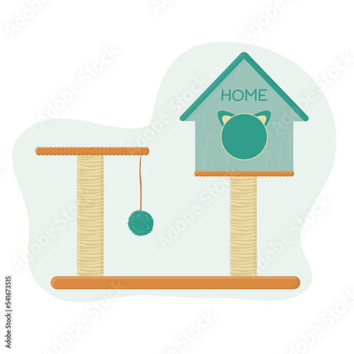 Cat House. Vector house for a pet. Blue house and toys for kittens. Pet claw sharpener. flat style vector illustration