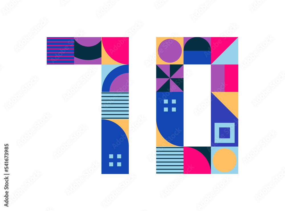 Obraz premium Number 70 from multicolored geometric shapes, cubes isolated on white. Neo geo