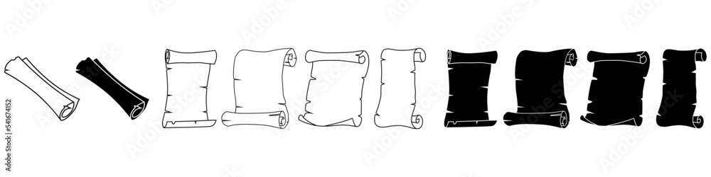 Scroll paper icon vector set. Parchment illustration sign collection. Chronicle symbol or logo.