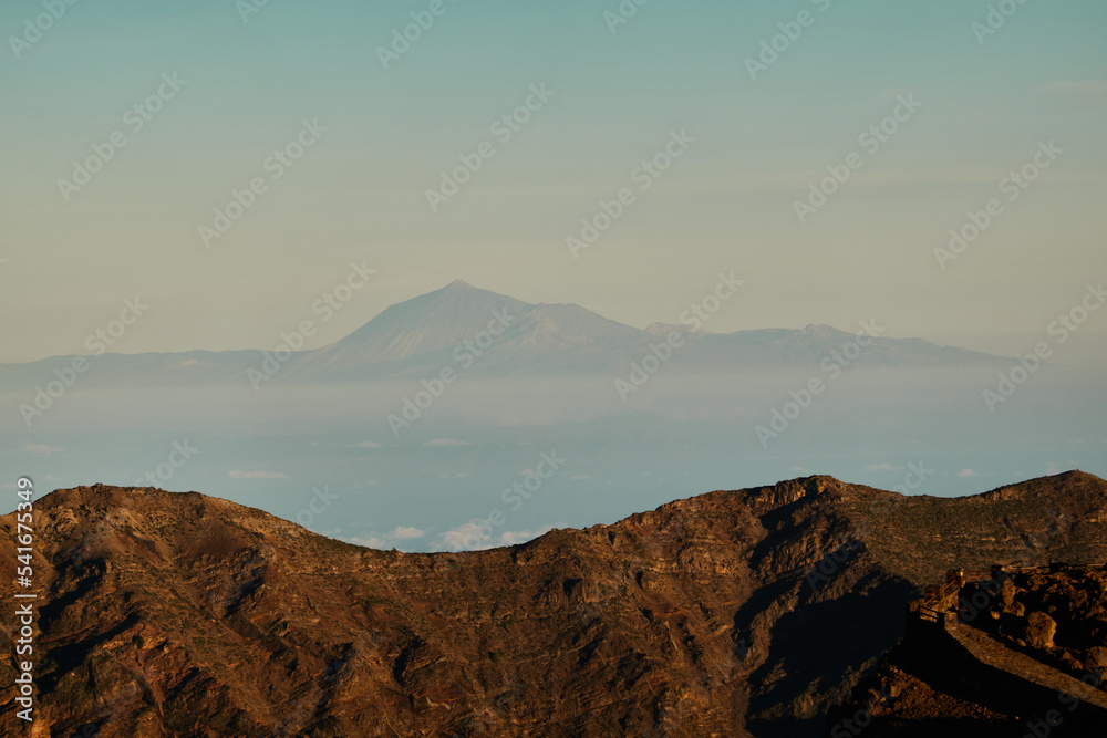Panoramic views from the Roque de los Muchachos of the Caldera de Taburiente National Park, the Cumbre Vieja Natural Park, Tenerife, La Gomera and El Hierro on the island of La Palma. Canary Islands. 