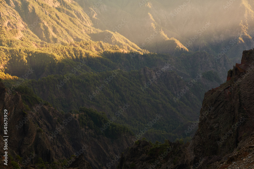 Fototapeta premium Panoramic views from the Roque de los Muchachos of the Caldera de Taburiente National Park, the Cumbre Vieja Natural Park, Tenerife, La Gomera and El Hierro on the island of La Palma. Canary Islands.
