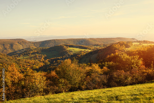Rural landscape with green fields and forests.Autumn season.