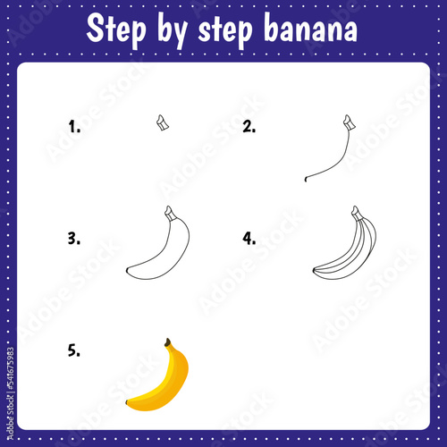 Educational worksheet for kids. Step by step drawing illustration. Banana. Activity page for preschool education.