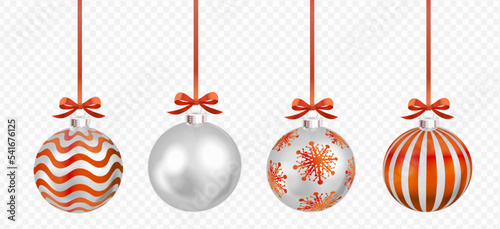 Set of realistic vector silver christmas ornaments with red bows on transparent background.