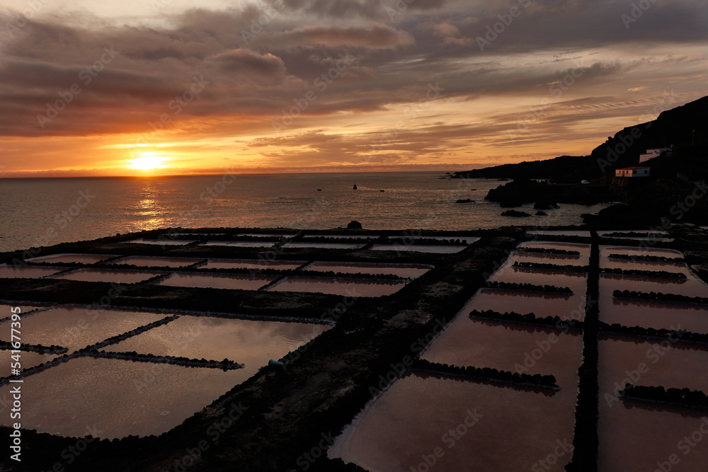 Sunset over the salt flats of Fuencaliente on the island of La Palma. Canary Islands. Spain