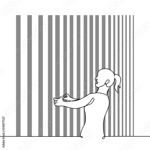 woman screaming while clutching the bars in front of her - one line drawing vector. concept captivity, loss of freedom, female criminal, metaphor for tightness and restrictions