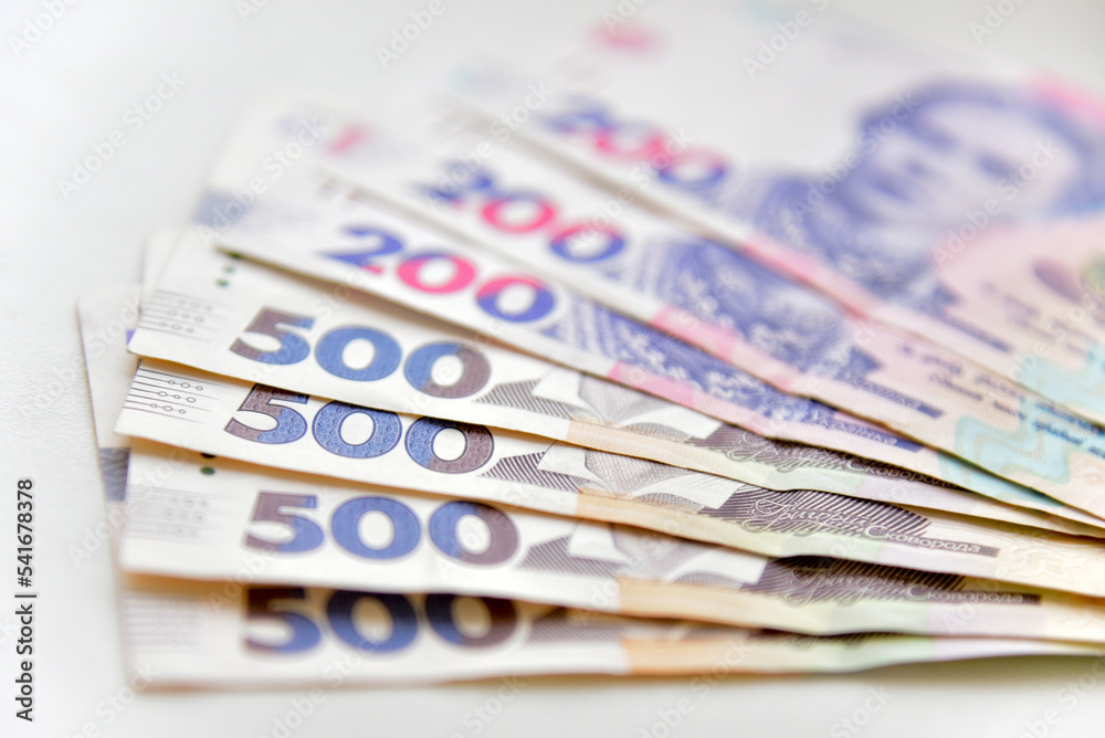 Ukrainian money banknote 500 close up view, selective focus Ukrainian money banknote 500 close up view, selective focus
