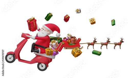Santa claus with scooter, reindeer sleigh, gift box isolated. website, poster or Happiness cards, festive New Year, online delivery order tracking concept, 3d illustration or 3d render photo