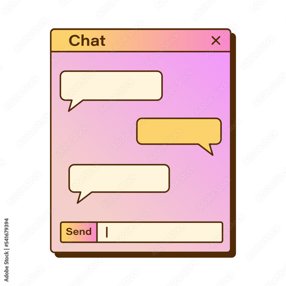 Vector retro chat window with speech bubbles. Gradient vaporwave computer interface. Chat template with shadow. Vector retro chat window with speech bubbles. Gradient vaporwave computer interface. Chat template with shadow.