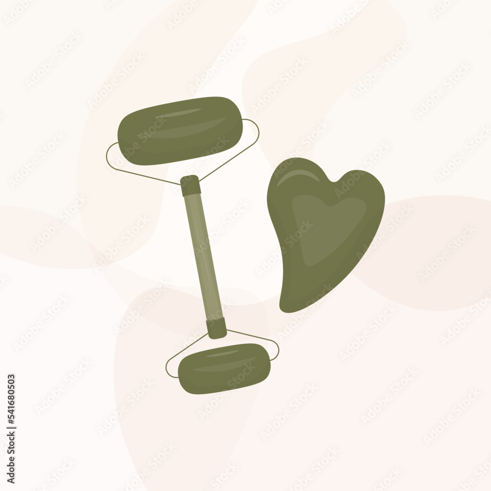 Jade stone face roll. Facial massage roller, quartz guasha. Bathroom accessory, bath item. Beauty products for face care. Skin care, cosmetics. Vector flat illustration. Jade stone face roll. Facial massage roller, quartz guasha. Bathroom accessory, bath item. Beauty products for face care. Skin care, cosmetics. Vector flat illustration.