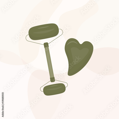  Jade stone face roll. Facial massage roller, quartz guasha. Bathroom accessory, bath item. Beauty products for face care. Skin care, cosmetics. Vector flat illustration. 