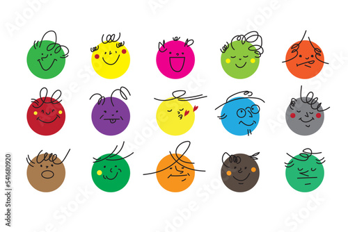 A set of round-face expressions characters with various different emotions. Colorful stylish vector illustration with shapes happy funny faces.