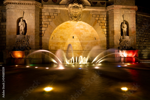 Fountain in Szczecin, Wały Chrobrego. City at night, colors, reflections, light, Poland, summer 2022