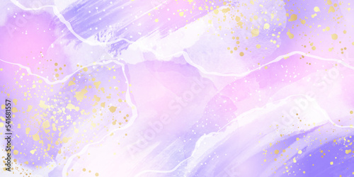 Violet lavender liquid watercolor marble background with golden lines. Pastel purple periwinkle alcohol ink drawing effect. Vector illustration design template for wedding invitation, menu, rsvp