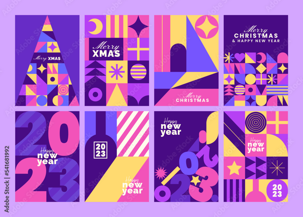 Merry Christmas & Happy new year card set. Covers, invitations, greeting cards or posters design. Winter holidays. Decorative cards. Vector illustrations in modern abstract style for celebrations.