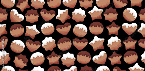 Gingerbread cookie pattern. Christmas cookies background. Christmas sweets texture. Cute kawaii cookies. Gingerbread man wallpaper. Christmas textile, fabric texture.Gingerbread house, glazed cookie 