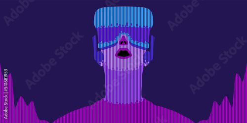 Man wearing virtual reality glasses looks up. Colorful style with neon columns like sound wave. Man is excited, surprised, infatuated with metaverse.