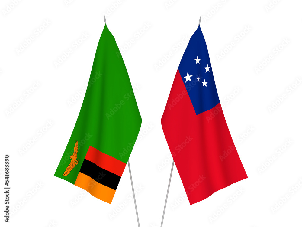 National fabric flags of Independent State of Samoa and Republic of Zambia isolated on white background. 3d rendering illustration. National fabric flags of Independent State of Samoa and Republic of Zambia isolated on white background. 3d rendering illustration.