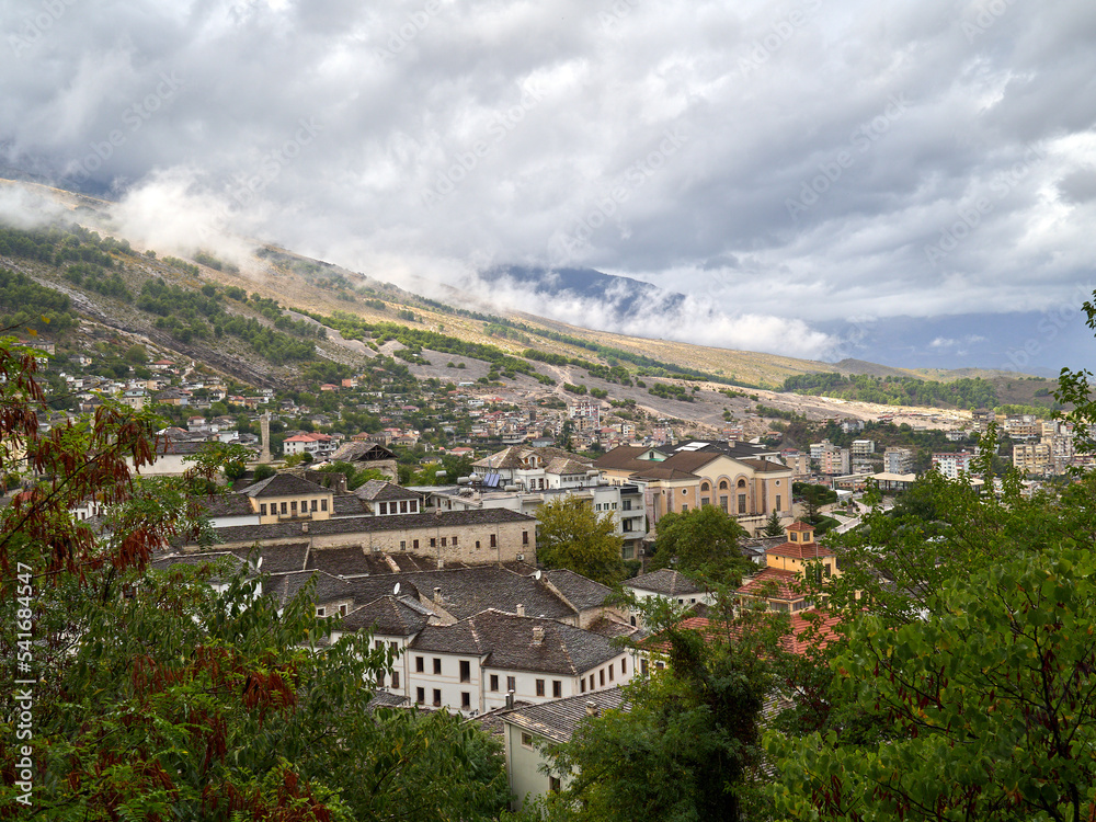 Panoramic view of the town of Gjirokaster on a cloudy day
