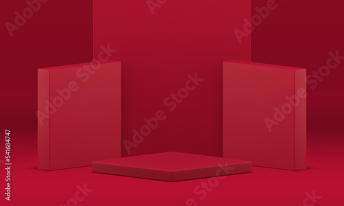 Red podium 3d studio background geometric display arena product presentation stage realistic vector