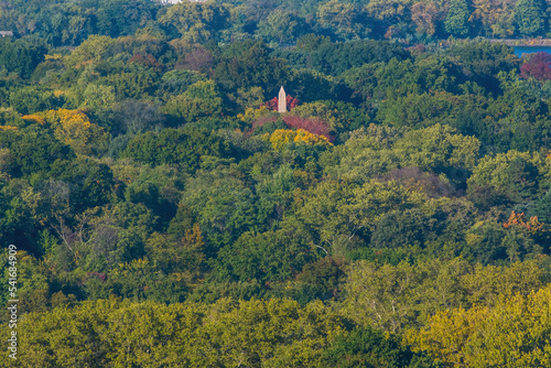 Aerial view of the Central park in Manhattan, New York with golf fields and tall skyscrapers surrounding the park. Sunset view.
