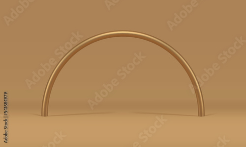 Golden archway curved metallic rod 3d decor element beige studio background realistic vector