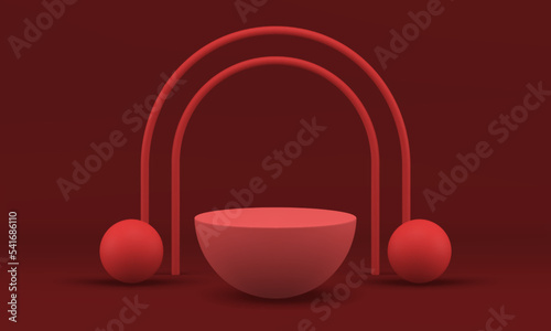 3d podium red semicircle geometric form with decorative arch studio background realistic vector