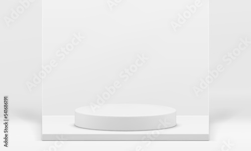 3d pedestal white cylinder stage on squared foundation wall studio background realistic vector