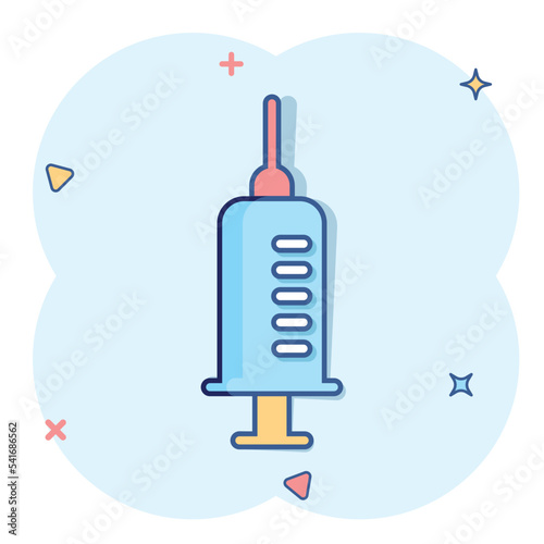 Syringe icon in comic style. Inject needle cartoon vector illustration on white isolated background. Drug dose splash effect business concept.