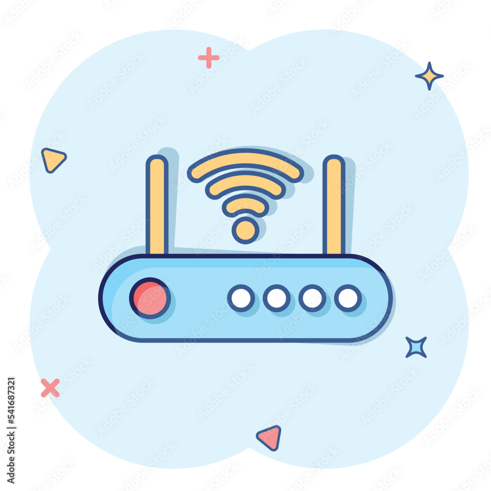 Wifi router icon in comic style. Broadband cartoon vector illustration on white isolated background. Internet connection splash effect business concept. Wifi router icon in comic style. Broadband cartoon vector illustration on white isolated background. Internet connection splash effect business concept.