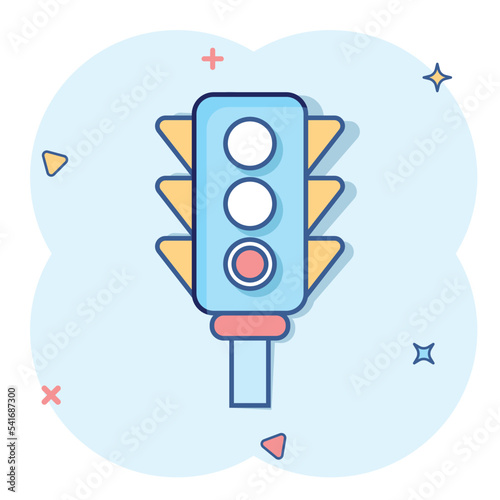 Semaphore icon in comic style. Traffic light cartoon vector illustration on white isolated background. Crossroads splash effect business concept.