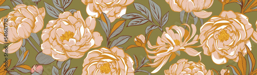 luxury floral rapport for vector seamless pattern.Chic graphic pink peonies on natural swamp background.