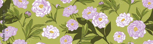 cute floral rapport seamless pattern.Delicate lilac flowers and leaves on a green background.Botanical graphics made by hand for textile,wallpaper,paper,advertising,creativity.