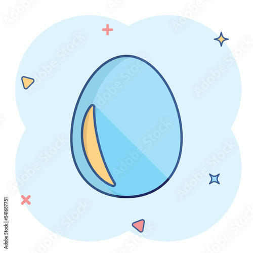 Egg icon in comic style. Breakfast cartoon vector illustration on white isolated background. Eggshell splash effect business concept.