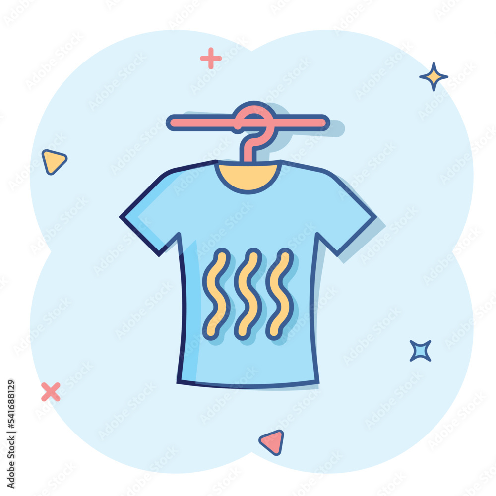 T-shirt washing icon in comic style. Clothes dry cartoon vector illustration on white isolated background. Shirt laundry splash effect business concept.