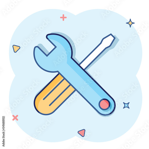 Wrench and screwdriver icon in comic style. Spanner key cartoon vector illustration on white isolated background. Repair equipment splash effect business concept.