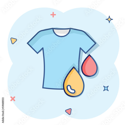 T-shirt washing icon in comic style. Clothes dry cartoon vector illustration on white isolated background. Shirt laundry splash effect business concept.