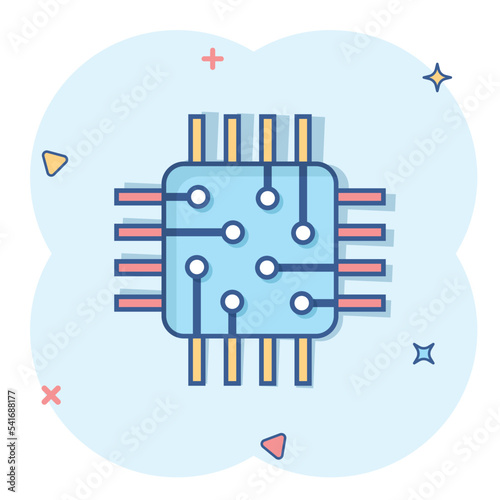 Computer cpu icon in comic style. Circuit board cartoon vector illustration on white isolated background. Motherboard chip splash effect business concept.