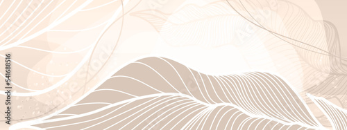 A soft brown and beige background in soothing tones with chic large detailed tropical leaves and abstract shapes. Vector illustration for text, banners, wallpapers, background, sales, discounts