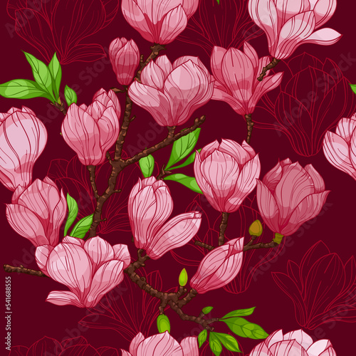 pink blossom magnolia flowers on a red background  seamless pattern. hand drawn illustration