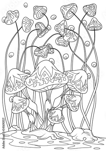 Fairy mushrooms in the rain. Children's coloring book vector illustration