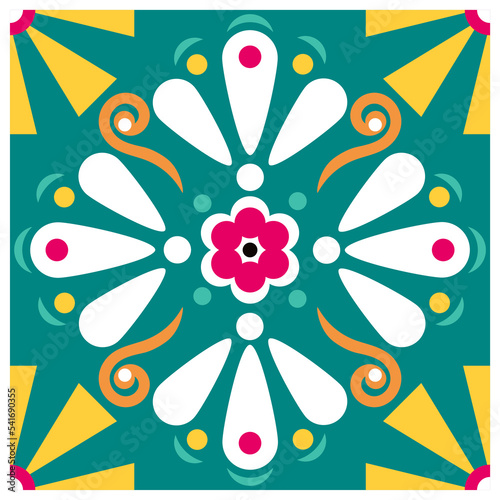 Floral and geometric single and seamless tiles vector pattern inspired by talavera designs from Mexico