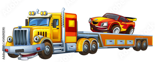 cartoon tow truck driving with load other car illustration