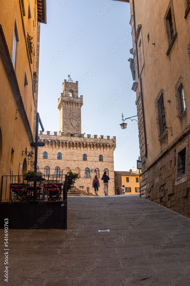 Montepulciano, Italy,  16 April 2022: Palace at the end of the medieval street