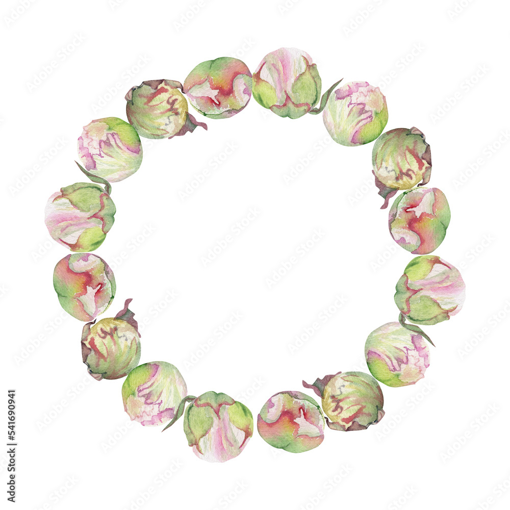 Watercolor circle frame arrangement with hand drawn delicate pink peony flowers, buds and leaves. Isolated on white background. For invitations, wedding, love or greeting cards, paper, print, textile Watercolor circle frame arrangement with hand drawn delicate pink peony flowers, buds and leaves. Isolated on white background. For invitations, wedding, love or greeting cards, paper, print, textile