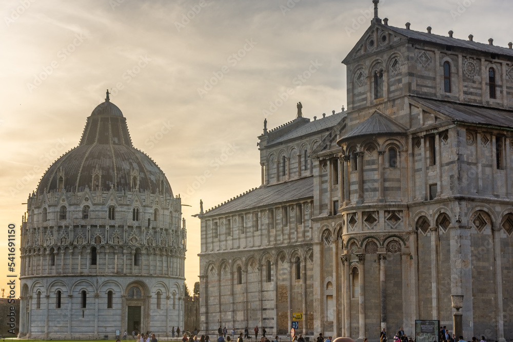 Pisa, Italy, 14 April 2022:  View of the cathedral and the Baptistery