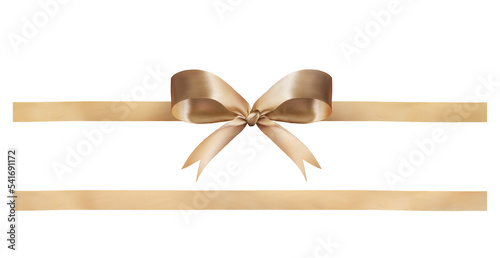 A gold ribbon and bow Christmas, birthday and valentines day gift and present decoration set isolated against a transparent background