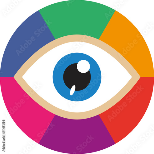 Eye inside colorful circle. Vector logo and illustration.
